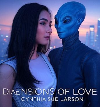 Dimensions of Love fake book cover showing woman with alien
in front of futuristic city background